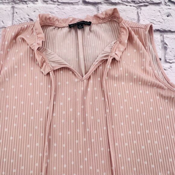 Adriana Papell Sleeveless Shirt Blouse Medium Pink Polka Dot Ruffle Tie Neck‎ - Picture 2 of 9